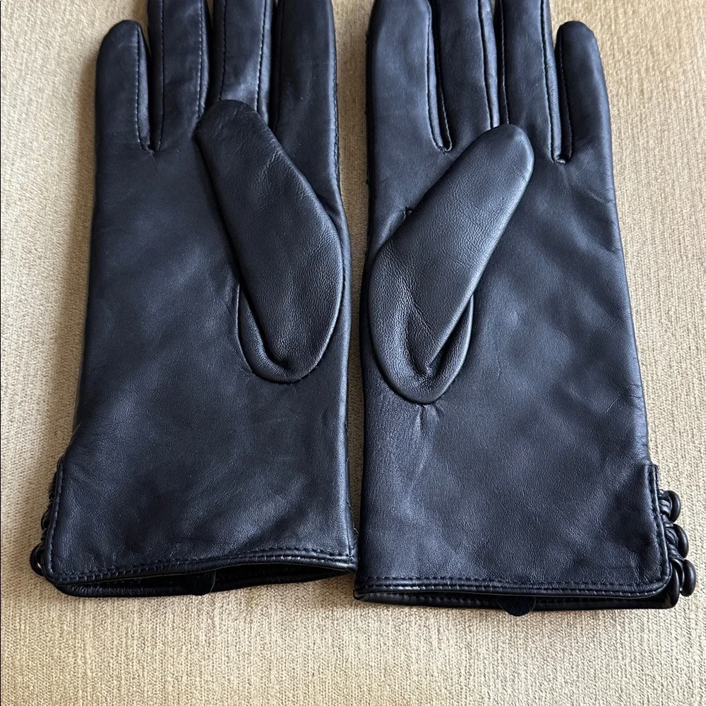 Dennis Basso Black Quilted Leather Gloves with Buttons Women's Size S